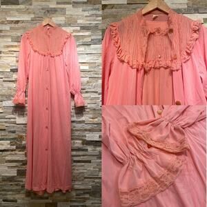 Vintage 60s Peignoir Set | Pink Nylon Nightgown + Robe, Lace Ruffles Cottage M/L